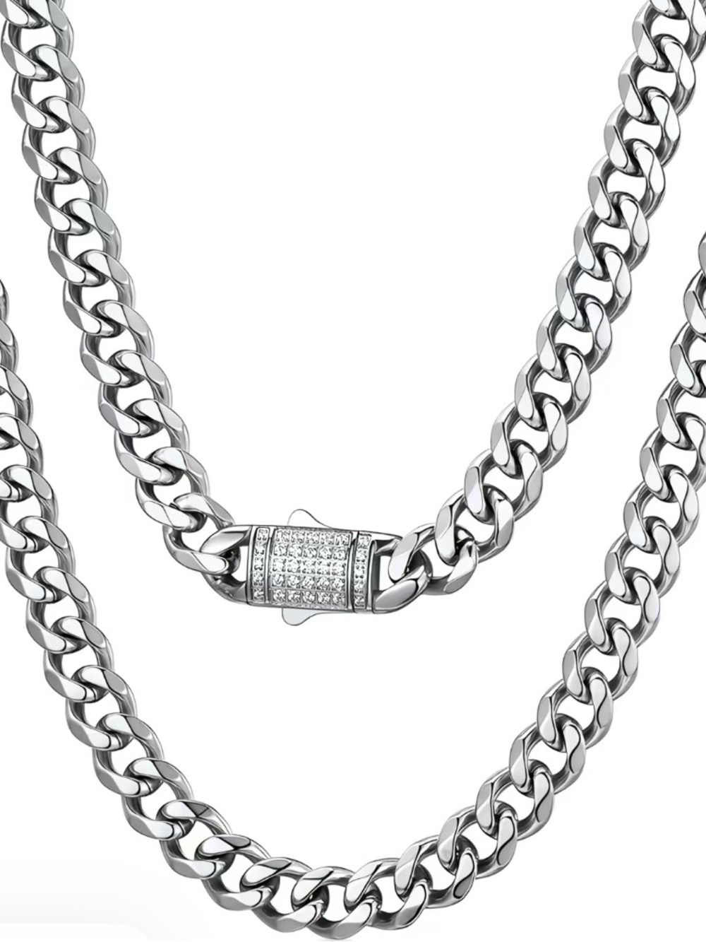PRO STEEL Silver Cuban Link Chain Necklace with Pave Clasp - Silver